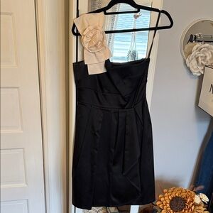 Tahari Black One-Shoulder Dress with Cream Rosette